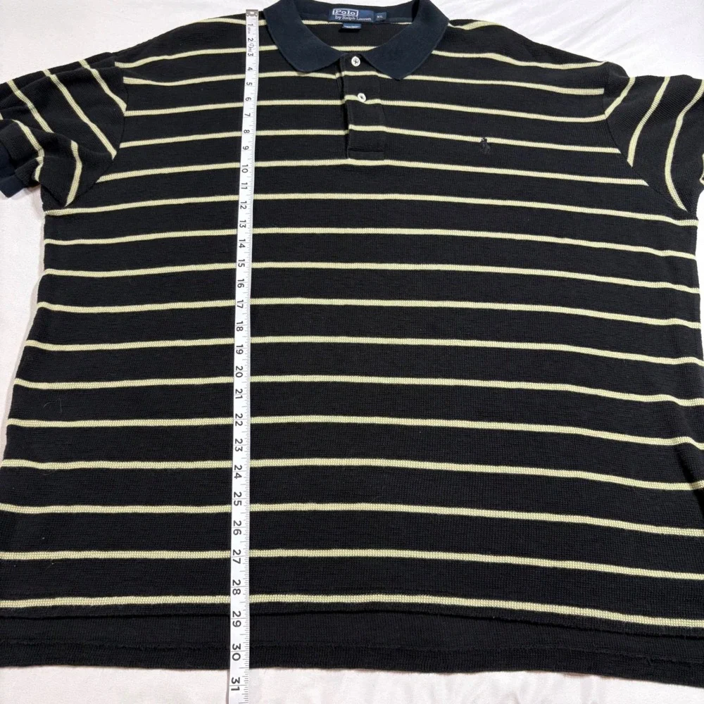 Polo Ralph Lauren Polo Shirt Men XL Black Yellow Striped Waffle Knit Preppy Logo